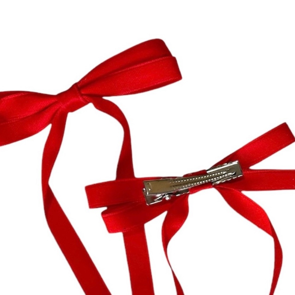 Red Ribbon Bows Hair Clips Pair of 2 Women’s Girl’s Hair Accessories NEW - Picture 2 of 5
